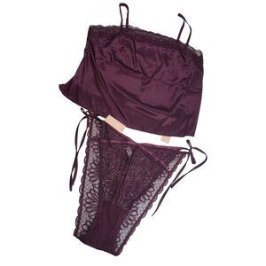 Mentionables Satin & Lace Cami and Panty Set in Burgundy - Size 2X Top/3X Bottom